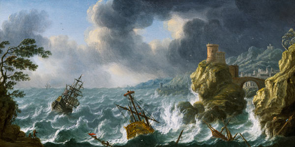 Shipwreck in a storm off a rocky coast von Dutch School