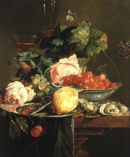 Still Life of Roses, Oysters, Strawberries in a Porcelain Bowl and Other Fruits on Pewter Ware von Dutch School