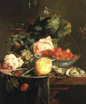 Still Life of Roses, Oysters, Strawberries in a Porcelain Bowl and Other Fruits on Pewter Ware c.1820