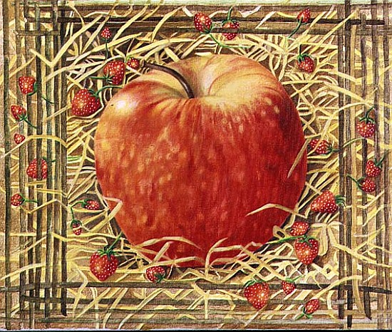 Apple in Straw with Strawberries, 1997 (acrylic on canvas)  von E.B.  Watts