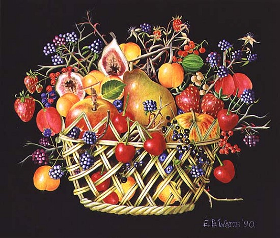 Fruit in a Basket with Black Background, 1990 (acrylic)  von E.B.  Watts