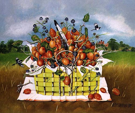 Yellow Basket with Crab Apples, 1995 (acrylic)  von E.B.  Watts