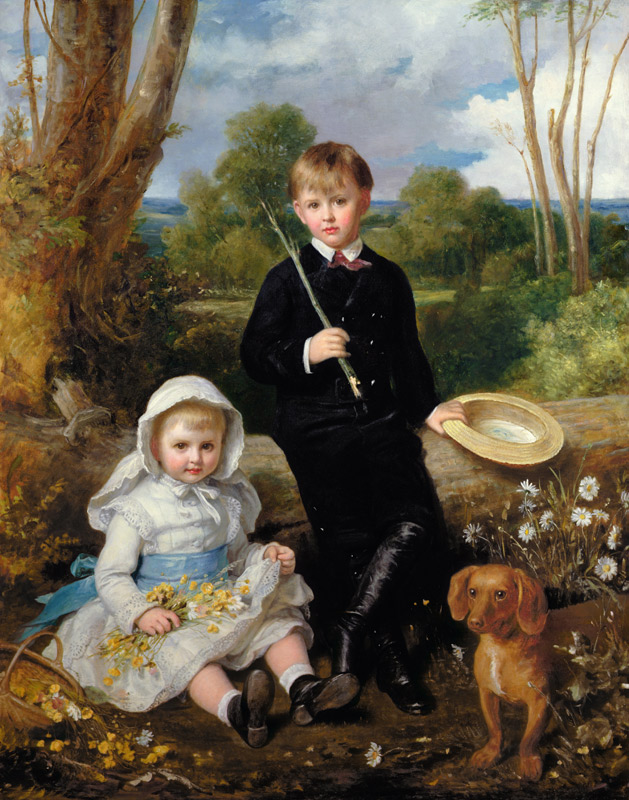 Portrait of a Brother and Sister with their Pet Dog in a Wooded Landscape von Eden Upton Eddis