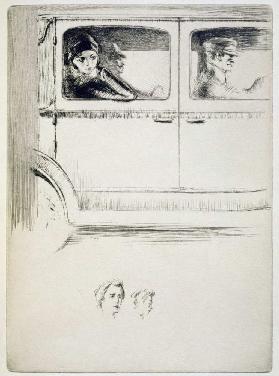Ein Paar in einem Auto mit Chauffeur, Illustration für Mitsou von Sidonie-Gabrielle Colette 1930