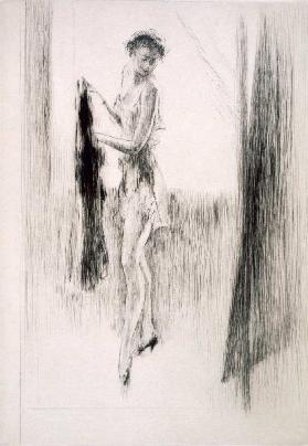 Eine Frau kleidet sich vor einem Spiegel, Illustration für Mitsou von Sidonie-Gabrielle Colette 1930