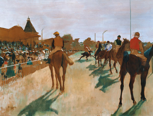 Rennpferde vor den Tribünen von Edgar Degas
