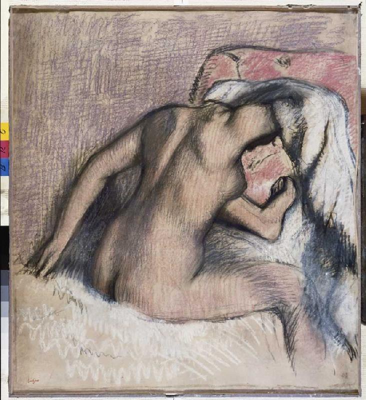 Dame bei der Toilette, den Nacken abtrocknend. von Edgar Degas