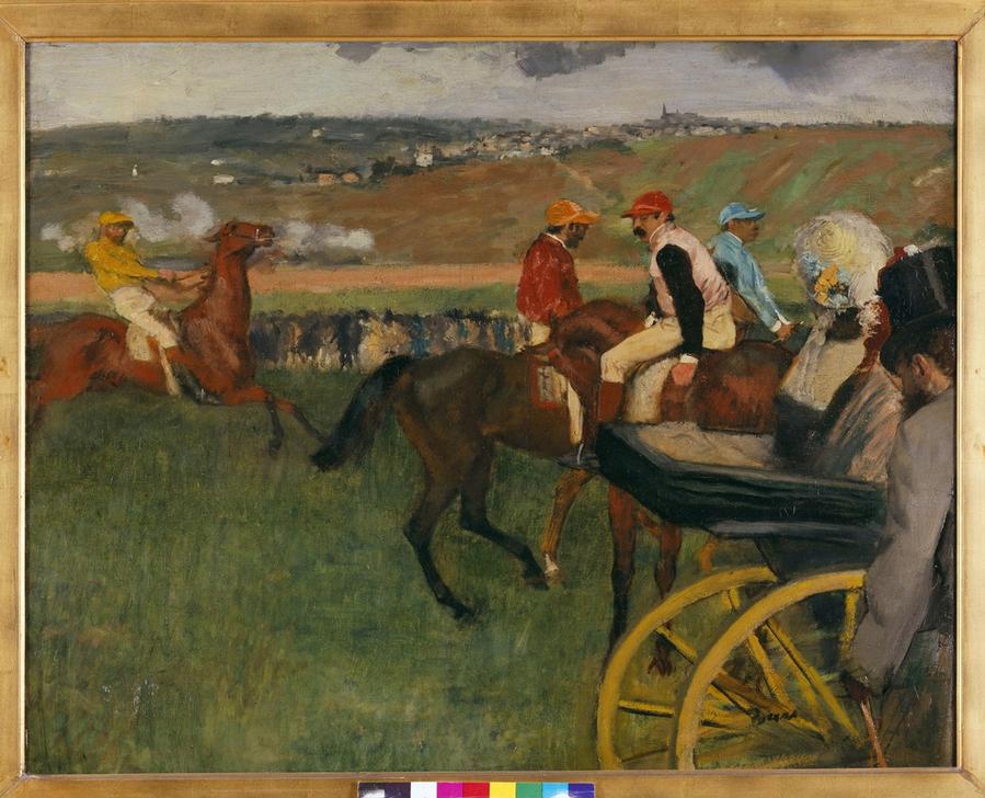 Le champ de courses. Jockeys amateurs pres d’une voiture von Edgar Degas