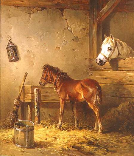 Mare and Foal in a Stable von Edmund Mahlknecht