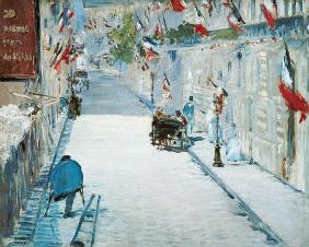 Die Rue Mosnier in Paris im Fahnenschmuck. 1878