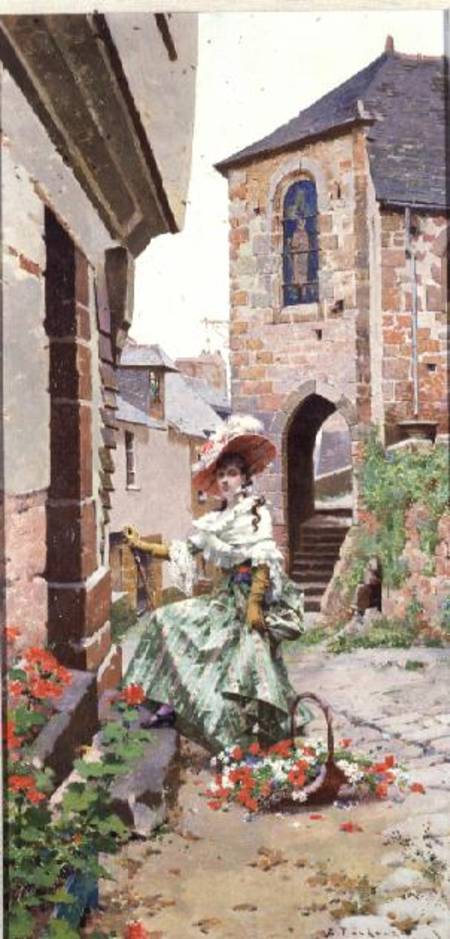 Parisian Woman with a basket of flowers von Edouard Toudouze