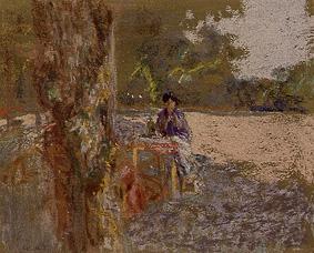 Frau, in einem Garten sitzend. von Edouard Vuillard