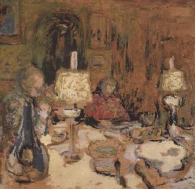 The Dinner with Two Lamps, rue de Calais, 1913 (distemper on brown paper) 