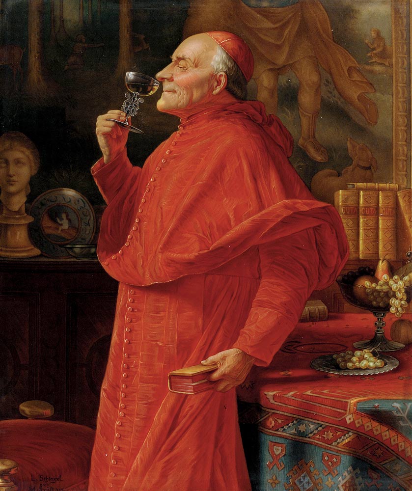 Plaque depicting a Cardinal sampling the bouquet of a white wine from a Venetian glass von Eduard Grützner