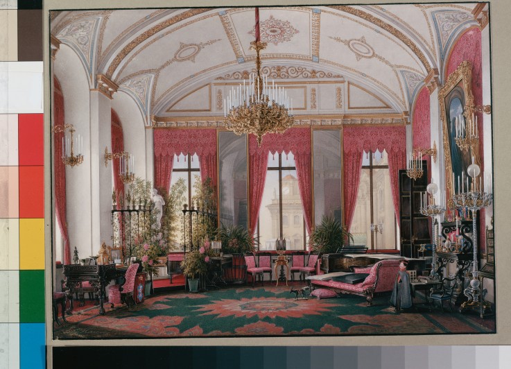 Die Interieurs des Winterpalastes. Das Himbeerfarbene Kabinett der Zarin Maria Alexandrowna von Eduard Hau