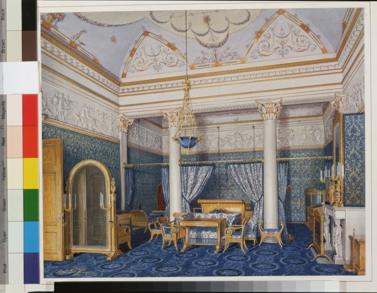 Die Interieurs des Winterpalastes. Das Schlafzimmer der Kaiserin Alexandra Fjodorowna von Eduard Hau