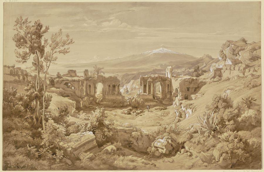 Das antike Theater von Taormina, im Hintergrund der rauchende Ätna von Eduard Wilhelm Pose