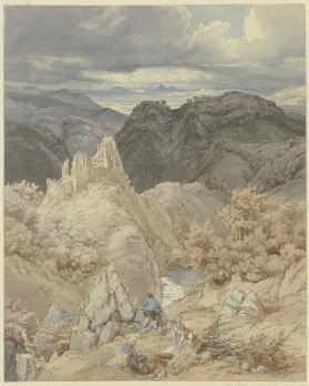 Ruine der Burg Are über dem Ahrtal mit rastenden Wanderern