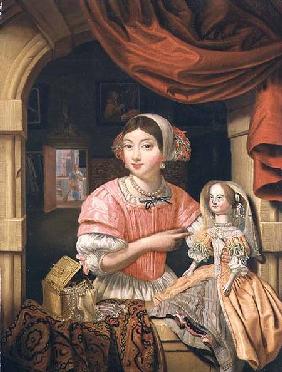 Young woman holding a doll in an interior with a maid sweeping behind