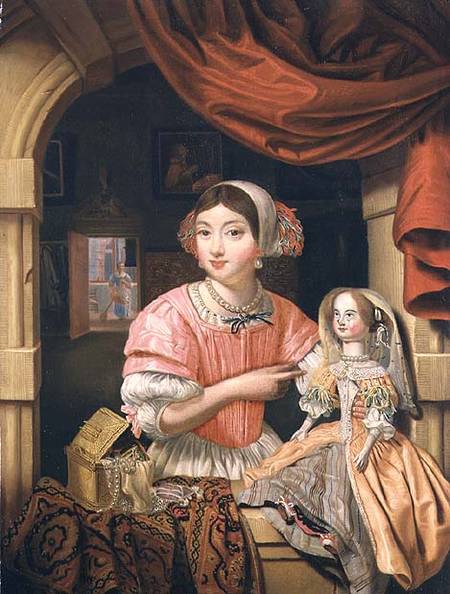 Young woman holding a doll in an interior with a maid sweeping behind von Edwaert Colyer or Collier
