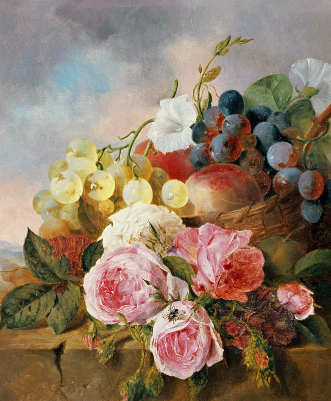 Still life of fruit and roses on a ledge von Edward Ladell