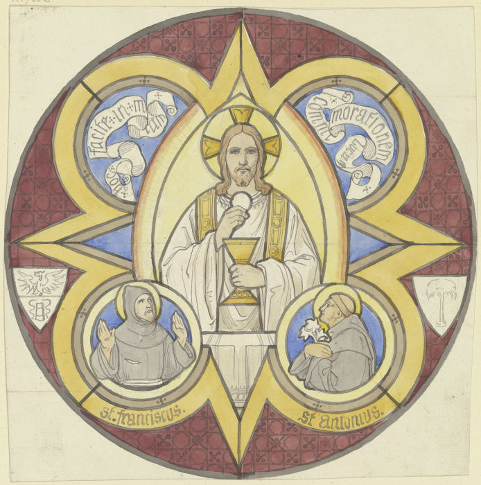 Christus mit Stola, Kelch und Hostie, daneben die Heiligen Franziskus und Antonius von Edward von Steinle