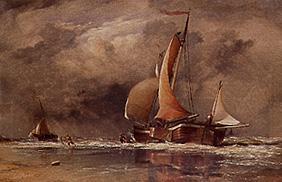Segelschiff bei Ebbe an einem holländischen Strand. 1869