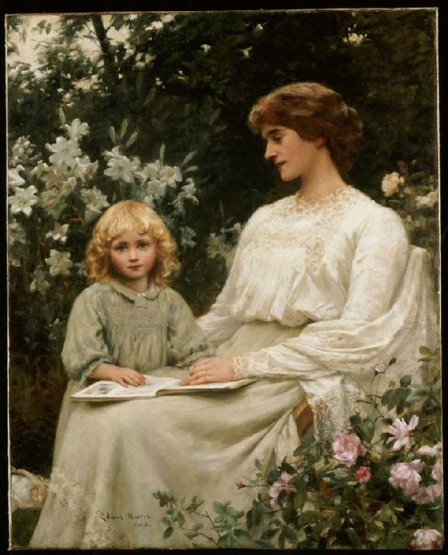Mutter und Tochter beim Lesen eines Buches. von Edwin Harris