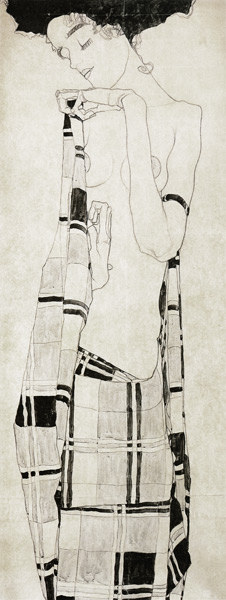Stehendes Mädchen in kariertem Tuch von Egon Schiele