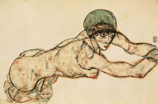 Nach rechts liegender Frauenakt mit grüner Haube von Egon Schiele