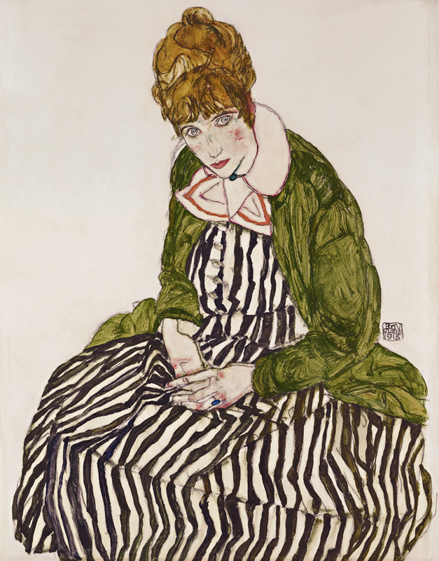 Edith Schiele in gestreiftem Kleid, sitzend von Egon Schiele