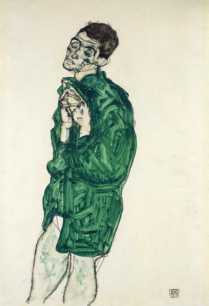 Selbstdarstellung in grünem Hemd mit geschlossenen Augen von Egon Schiele