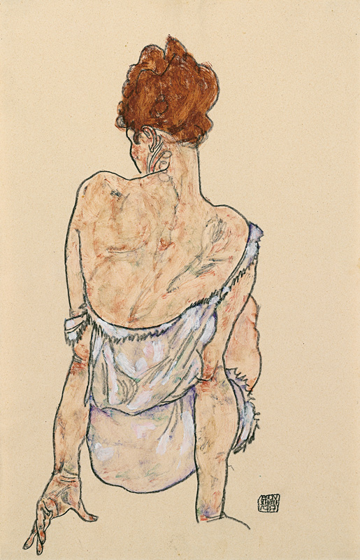 Sitzende in Unterwäsche, Rückenansicht. 1917 von Egon Schiele