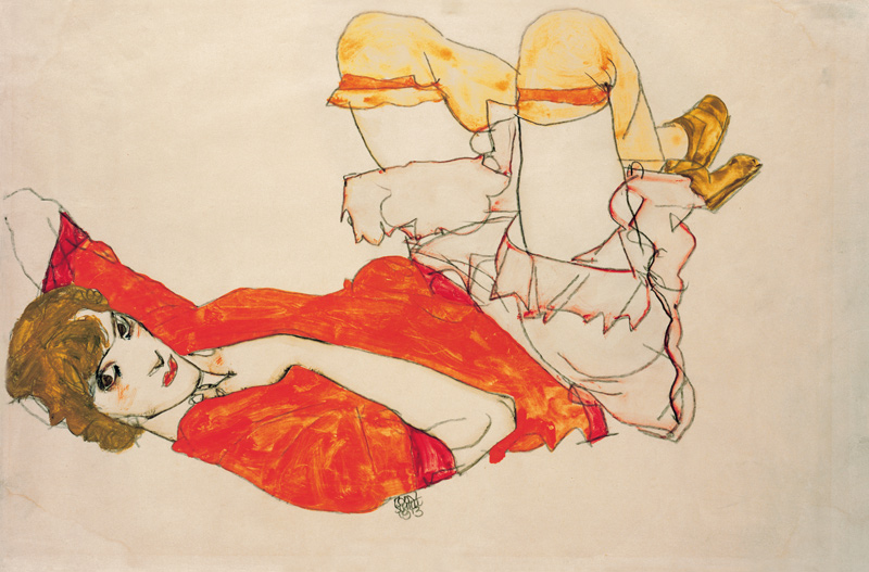 Wally in roter Bluse mit erhobenen Knien von Egon Schiele