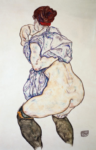 Weiblicher Halbakt mit grünen Strümpfen von Egon Schiele