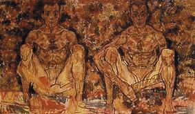 Hockendes Männerpaar (Doppelselbstbild) von Egon Schiele