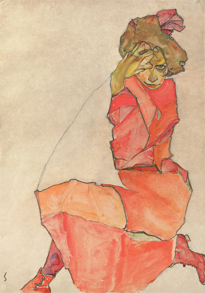Kniendes Mädchen in orange-rotem Kleid von Egon Schiele
