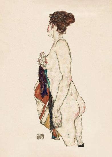Stehende nackte Frau mit gemustertem Gewand,1917