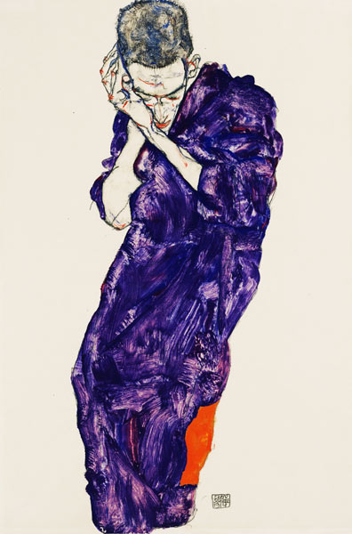 Jüngling in violetter Kutte mit verschränkten Händen von Egon Schiele