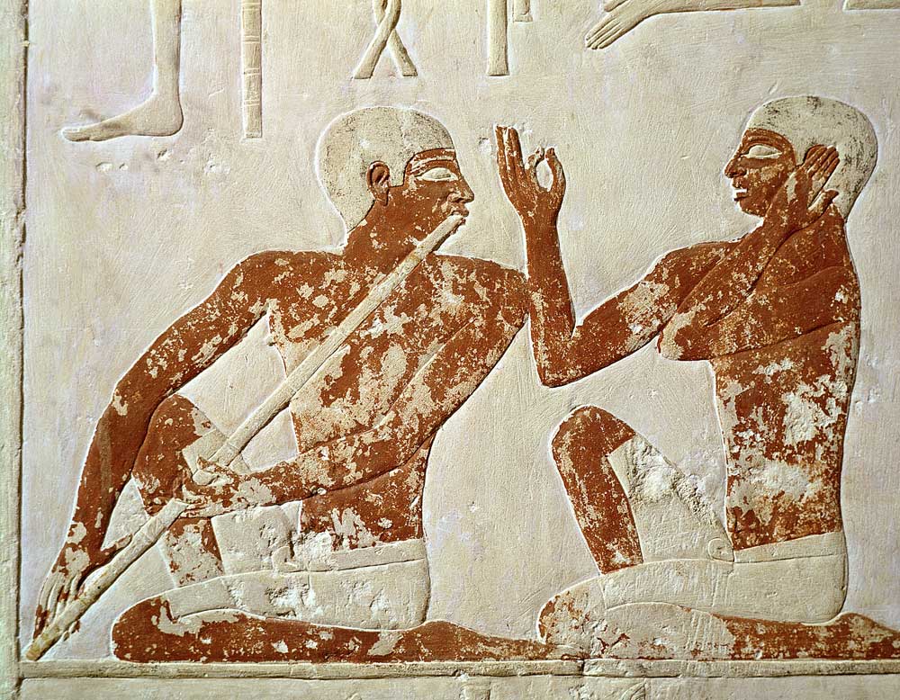 Painted relief depicting a flute player and a singer at a funerary banquet, from the Tomb of Nenkhef von Egyptian