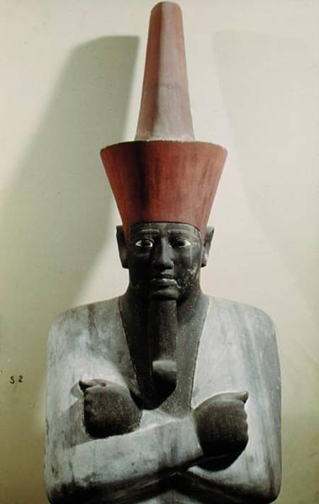 Detail of a statue of Mentuhotep II, enthroned and wearing the red crown of Lower Egypt, taken from von Egyptian