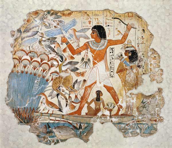 Nebamun hunting in the marshes with his wife an daughter, part of a wall painting from the tomb-chap von Egyptian