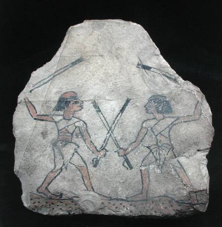 Ostrakon depicting two men fighting with sticks, from Deir El-Medina, New Kingdom von Egyptian