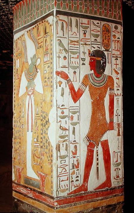 Pillar depicting Osiris and a priest wearing a panther skin, from the Tomb of Nefertari, New Kingdom von Egyptian