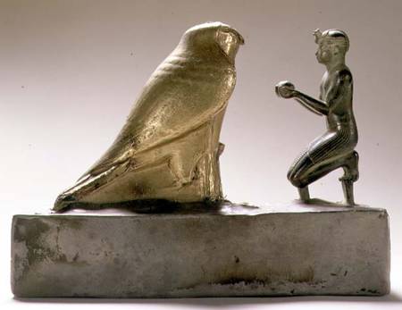 Statue of King Taharqa worshipping the falcon-god Hemen, Egyptian, Third Intermediate Period (gold, von Egyptian