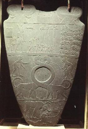 The Narmer Palette: ceremonial palette depicting King Narmer, wearing the red crown of Lower Egypt, c.3000 BC