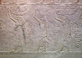 Women personifying death's domains and bringing offerings, from the Mastaba of Akhutotep, Old Kingdo