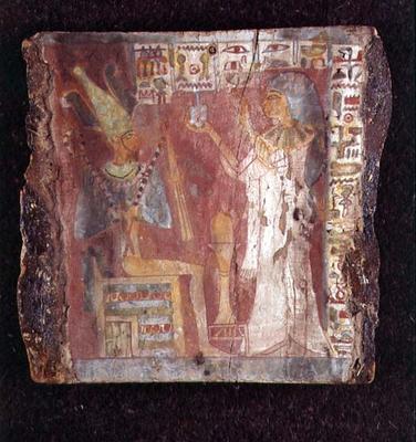Interior of the sarcophagus of the singer, Toarnemiherti, showing the deceased offering incense to O von Egyptian 21st Dynasty