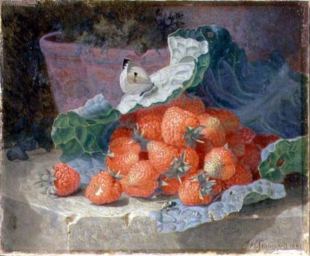 Strawberries in a Cabbage Leaf with a Flower Pot Behind von Eloise Harriet Stannard