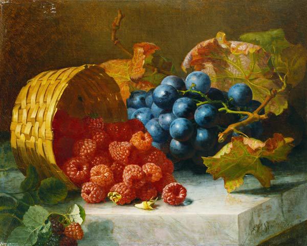 Stilleben mit Himbeeren und Weintrauben auf einer Marmorplatte 1882